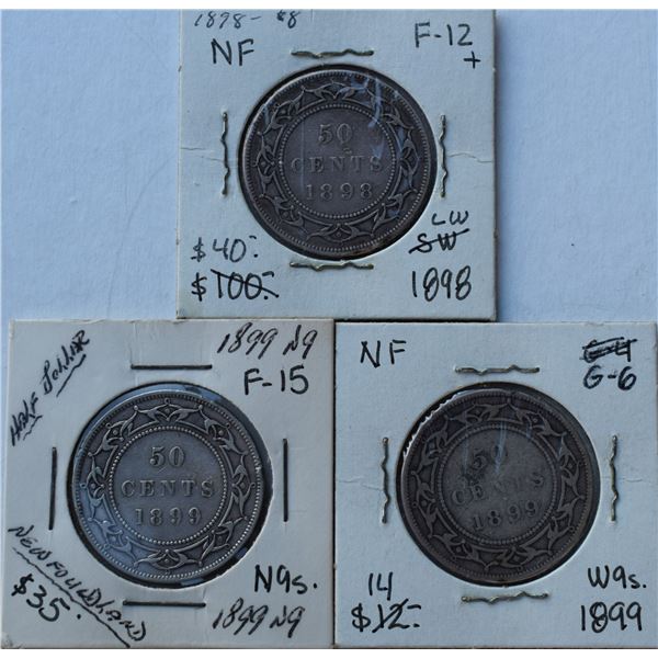 Canada, Newfoundland 0.50c Silver 1898 (Obv.1 Large W) 1899 (Obv. 2 Narrow 9s) & 1899 (Obv.2 Wide 9s