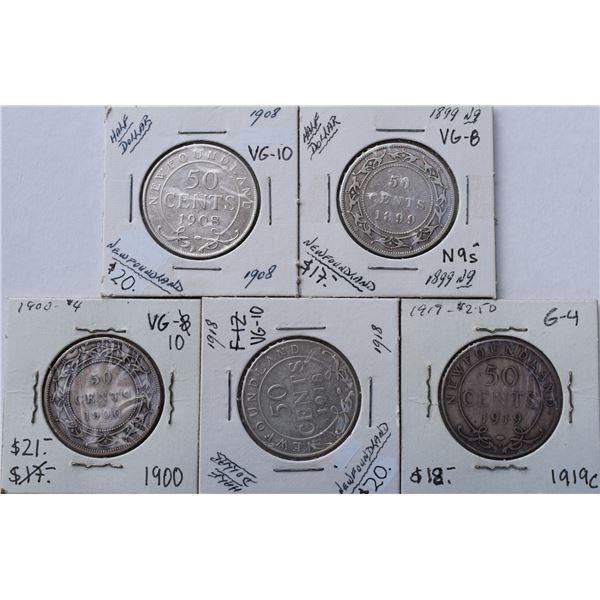 Canada, Newfoundland 0.50c Silver 1899 (Obv. 2 Narrow 9s), 1900 (Obv.2) 1908, 1918-C & 1919-C Grade 