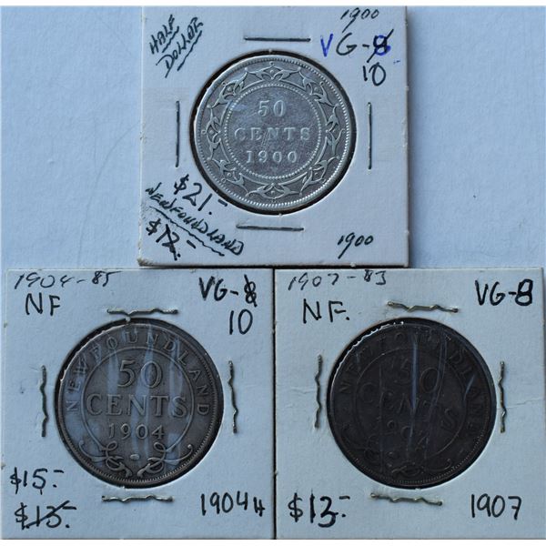 Canada, Newfoundland 0.50c Silver 1900 (Obv.2) 1904-H & 1907 All Grade VG+ or Better (3)