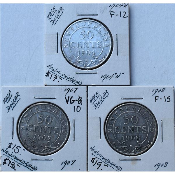 Canada, Newfoundland 0.50c Silver 1904-H, 1907 & 1907 Grade VG+ / F+ or Better (3)