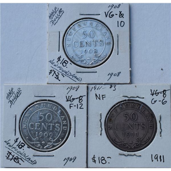 Canada, Newfoundland 0.50c Silver 1908, 1909 & 1911 Grade G+ / F+ or Better (3)