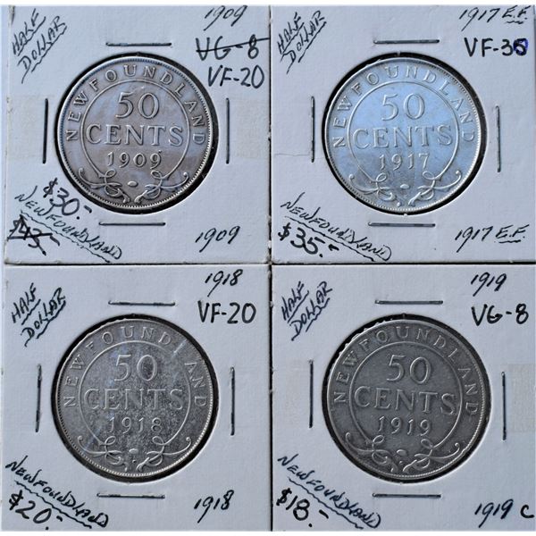 Canada, Newfoundland 0.50c Silver 1909, 1917-C, 1918-C & 1919-C Grade VG+ / Choice VF+ or Better (4)