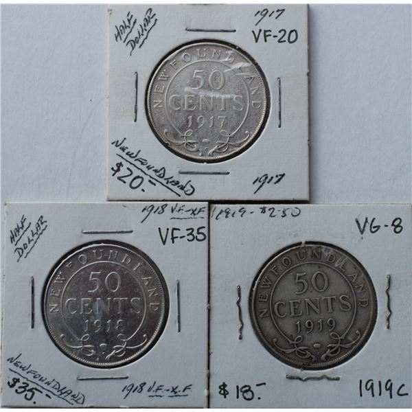 Canada, Newfoundland 0.50c Silver 1917-C, 1918-C & 1919-C Grade VG+ / Choice VF+ or Better (3)