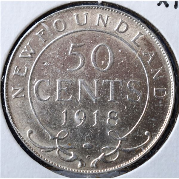 Canada, Newfoundland 0.50c Silver 1918-C Choice XF+ or Better, Luster