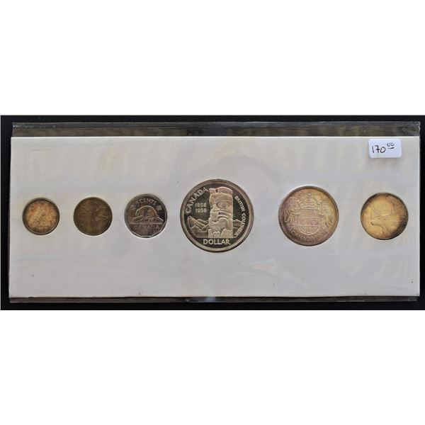 Canada, Proof Like Set 1958 from Penny to Dollar Silver ASW Oz 1.1094 Cardboard Display as Issued