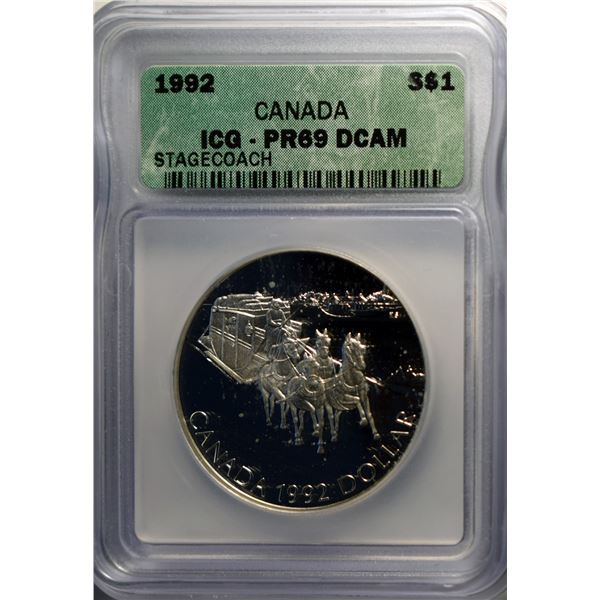 Canada, Silver Dollar 1992 Stagecoach Certified by ICG PR69 UHC