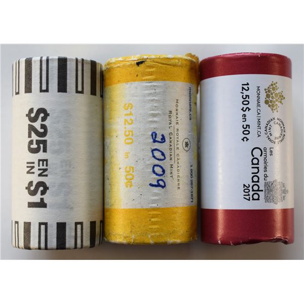 Canada, Special Wrap Mint Roll x 3 / 0,50c x 2, 2009 and 2017 + $1 roll 2019 "Equality" all 3 Unopen