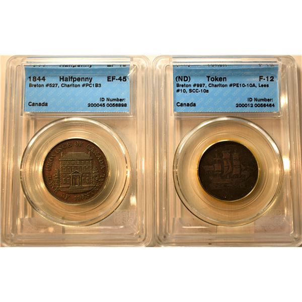 Canada, Token x 2 "Province of Canada ½ Penny 1844 Charlton PC-1B3 / Breton #527 XF-45 Montreal on R