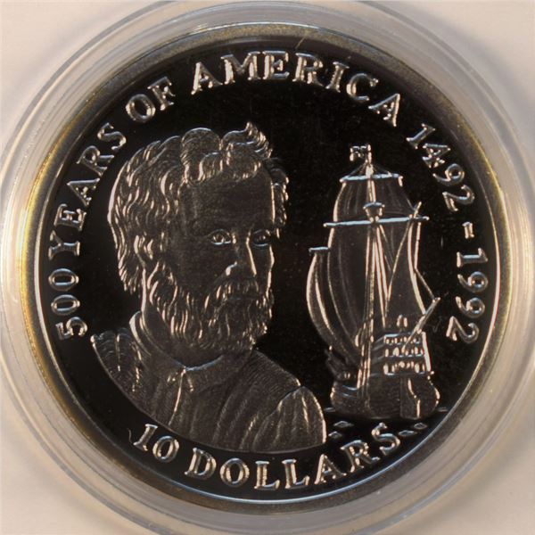 Cook Island, $10 1990 "500th of America 1492-1992 QEII KM #90 10g Silver .925 Proof Ultra Cameo