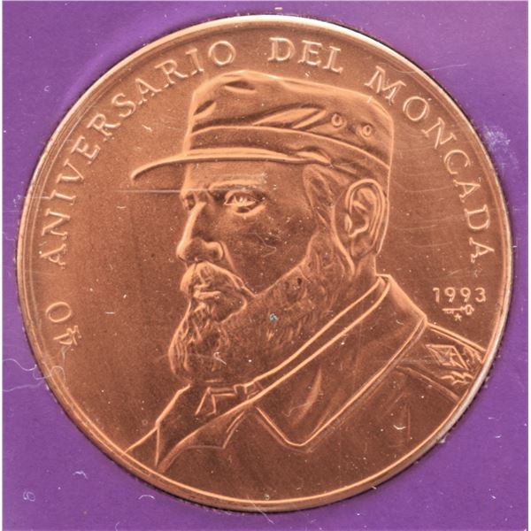 Cuba, 1 Peso 1993 "Fidel Castro 40th Moncada" Copper Brilliant UNC