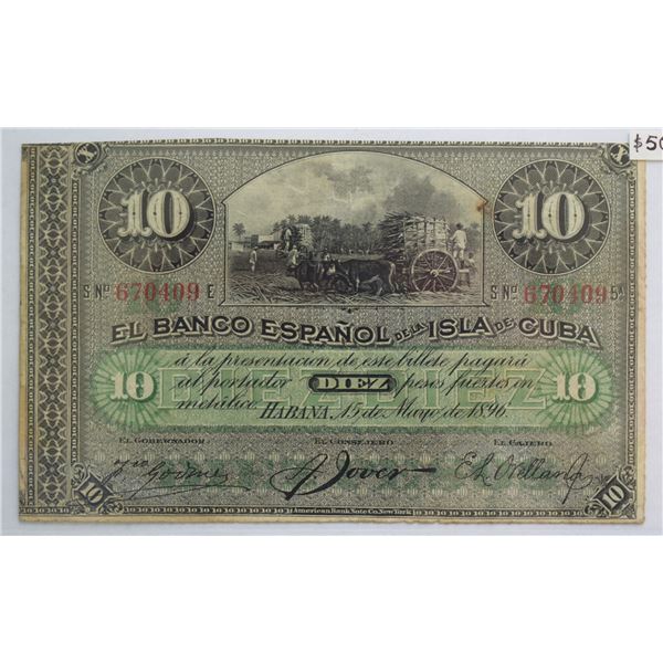 Cuba, 10 Pesos Fuertes (Issued Note Red overprint PLATA) 1896 ABNC Pick #49