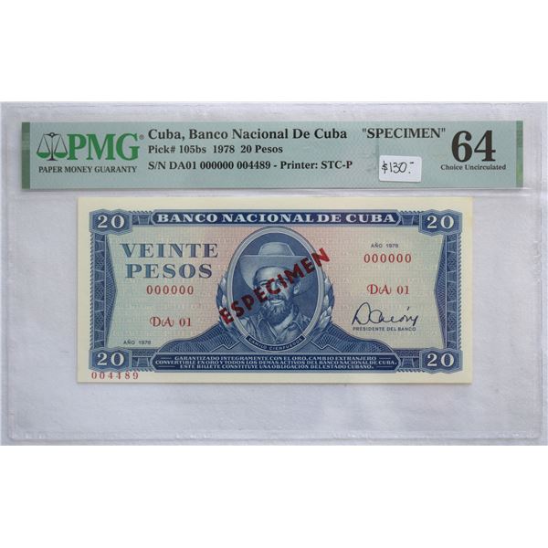 Cuba, 20 pesos 1978 "SPECIMEN" Note Pick# 105bS Choice UNC-64 PMG Certified