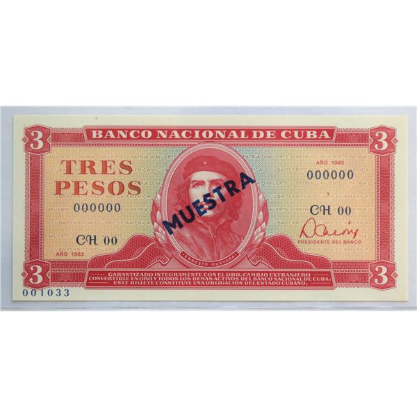 Cuba, 3 Pesos 1983 "MUESTRA Che" Very 1st Year of emission of 3 Pesos Type, UNC++ or better