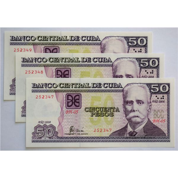 Cuba, Trio Consec. of 50 Pesos 2008 from Bundle, all Gem-UNC, Nice to Certify, Completing Date colle