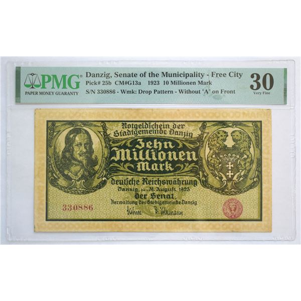 Danzig, "Free City Senate" Inflation Issue, 10 Millionen Mark 1923, Wmk Drop Pattern, W/O "A" in Fro