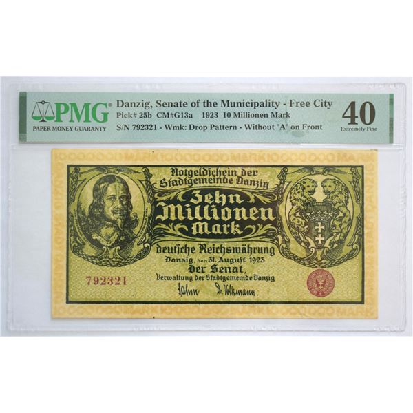 Danzig, "Free City Senate" Inflation Issue, 10 Millionen Mark 1923, Wmk Drop Pattern, W/O "A" in Fro