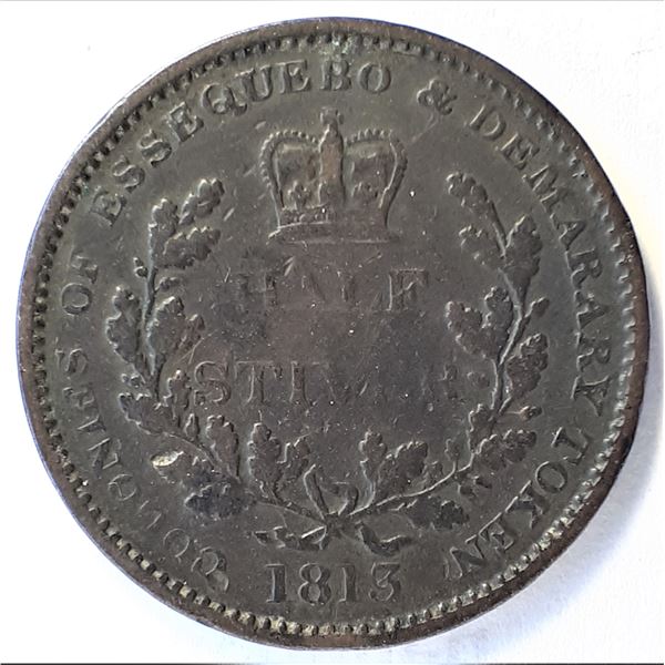 Essequebo & Demarary, ½ Stiver 1813 Colonial Coinage Token Copper, VF+ Scarce