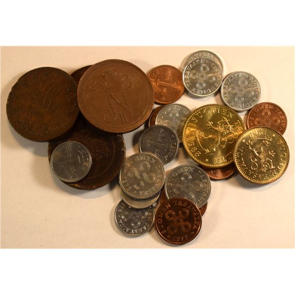 Finland 25 coins lot, including 15 x 1 Penni 1963-78, 4 x 5 Pennia 1976-79, 20 Pannia 1969, 50 Penni