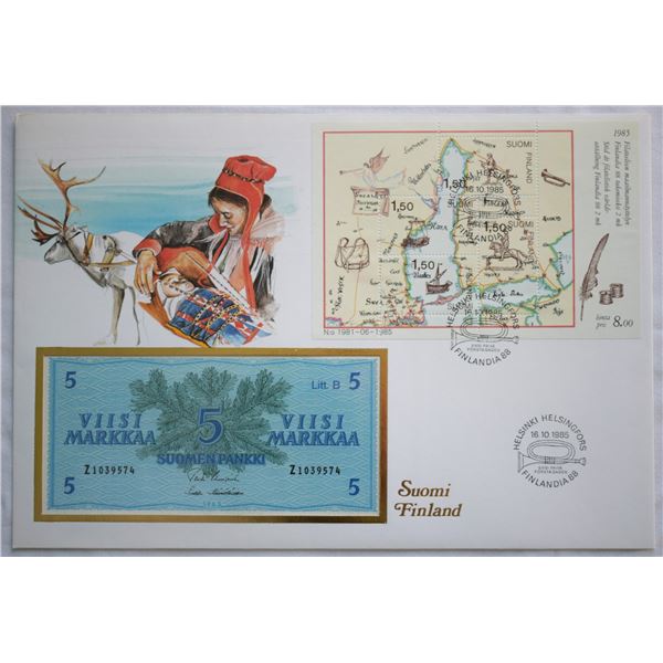 Finland, 5 Markkaa 1963 First Day Cover Swiss Issued, Pick# 99a Nice Vignette "Reindeer & Woman w/ B