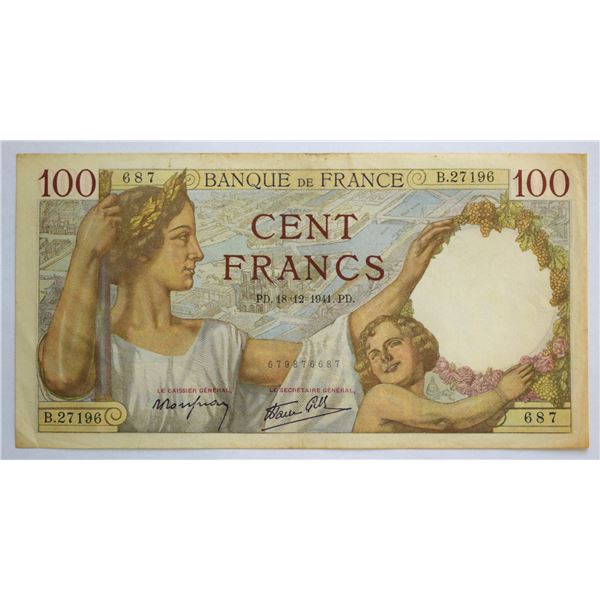 France, 100 Francs 1941 Issued Note Pick #94 XF