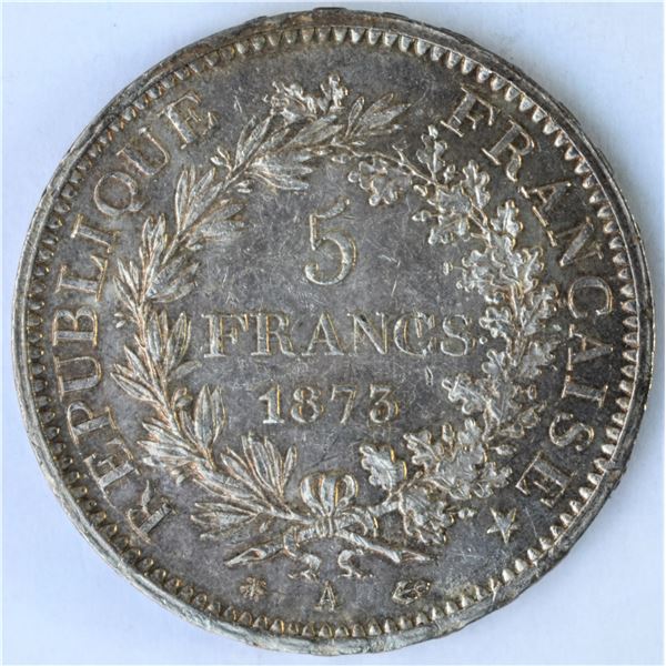 France, 5 Francs 1873A Hercules Group KM #820.1 25g Silver XF+/AU (Proof??)