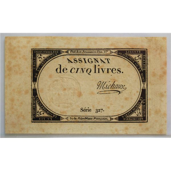 France, Cinq Livres 1793 2nd Issue A-UNC+ Stained, Very Crispy, one light Horizontal fold, traces of