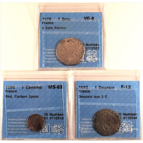 France, trio w/ 2 Sols Parisis 1578 in VG-8, 1 Douzain aux 2c  1592 F-12 (Off center Reverse) and 1C