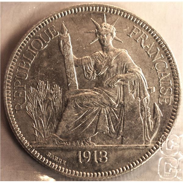 French IndoChina, 1 Piastre 1913-A VF-30 Cleaned, Silver Corrosion 27g .900 Scarce in any Condition 