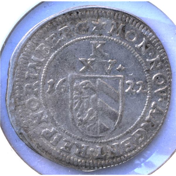 German State "Nurnberg" 15 Kreuzer (1/8 Thaler) 1622 Silver, KM-60 Ferdinand II XF+, Hammered  Nice 