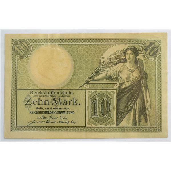Germany, 10 Mark 1906 Pick# 9b A-UNC Center fold and Waves, Crispy Nice Appeal & Color