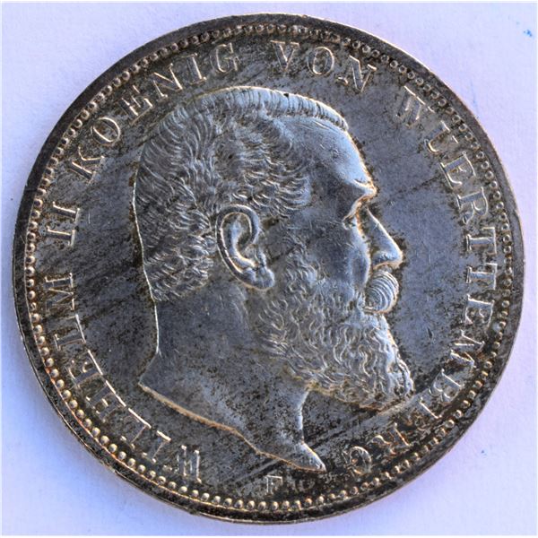 Germany, Wurttenberg State, 3 Mark 1914F "Wilhelm II" Letterd Edge A-UNC w/ nice details