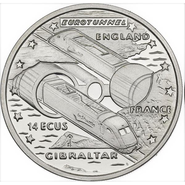 Gibraltar, 14 Ecus 1993 "Euro-Tunnel" Silver Proof Ultra Heavy Cameo in Original Box w/C.O.A. as Iss