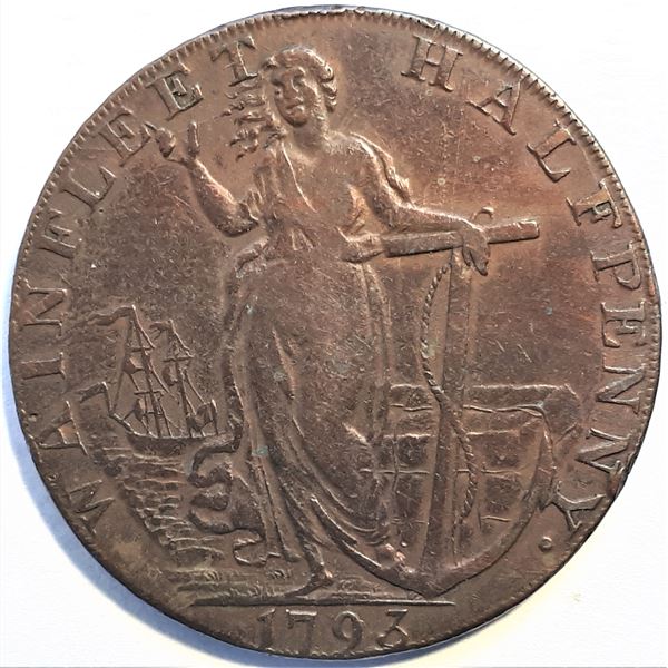 Great Britain, ½ Penny Lincolnshire - Wainfleet 1793, Copper 29mm in VF/XF or Better / 51k Issued