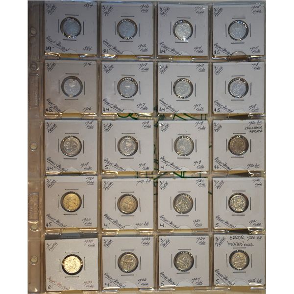 Great Britain, 3 Pence coin Page w/ 20 pieces between 1884-1936, all in silver, from F+ to FX+ (20)