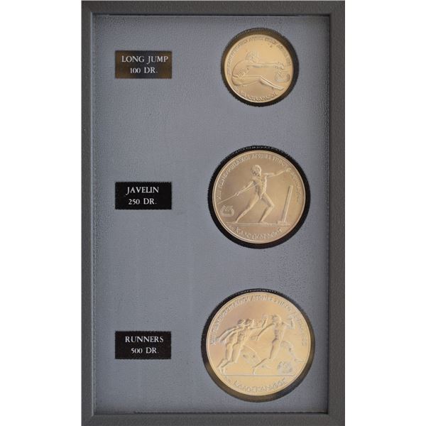 Greece, 100, 250 and 500 Drachmai "Pan-European Games" Set on B. U. Finish Silver .900 encapsulated 