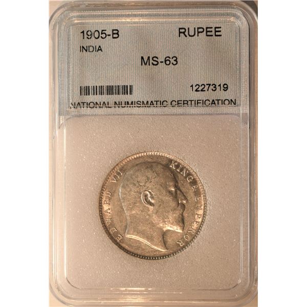 India, 1 Rupee 1905-B MS-63 Certified by NNC