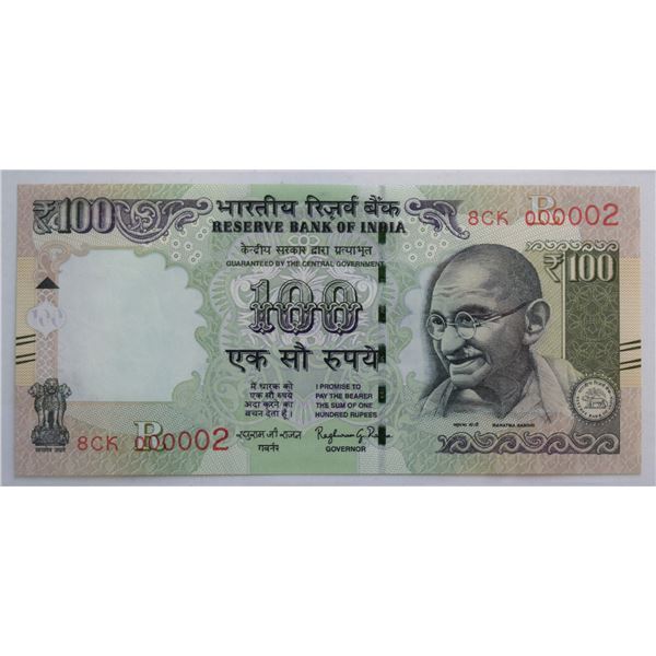 India, 100 Rupees 2016 Issued Note Pick #105ac Super low Numbers 8CK 000002 Gem-UNC