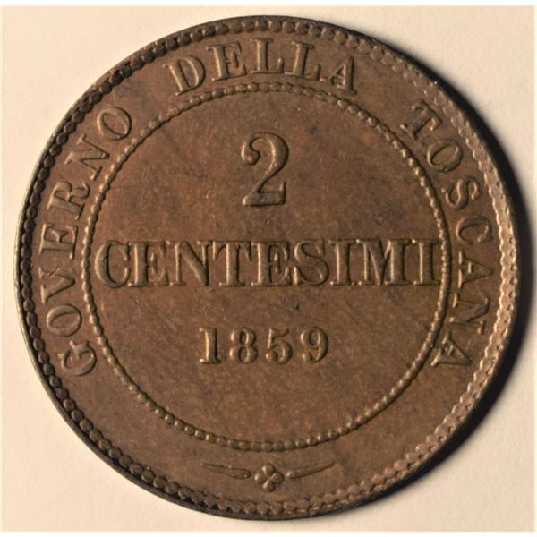 Italy - Tuscany, 2 Centesimi 1859 "2nd Provisional Gouvernment" Choice AU+ Brown Nice eye appeal