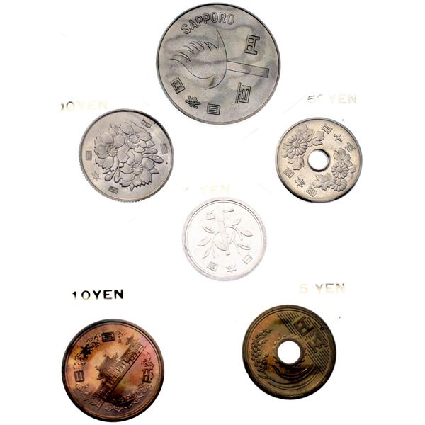 Japan, Year Mint Set 1972 from 1 to 100 Yen in Original Presentation sealed as Issued, Mint State (6