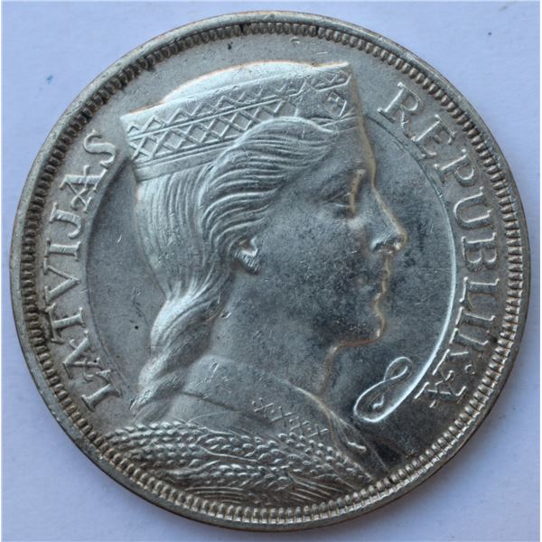 Latvia, 5 Lati 1931 "Edge Lettering" 25g KM #9 UNC