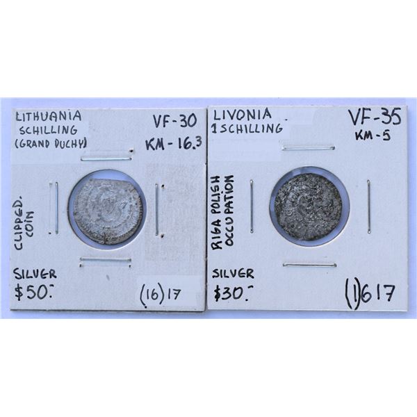 Lithuania Grand Duchy / Livonia (Riga) Polish Occupation, 1 Shilling x 2 Both 1617 and Choice VF+ Si