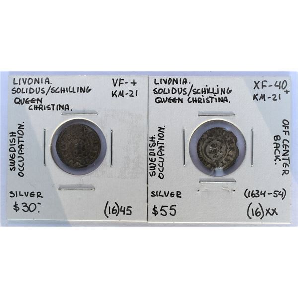 Livonia (Poland) "Swedish Occupation" Solidus/Schilling x 2, 1645 and "Off Center 16xx) Christina Qu