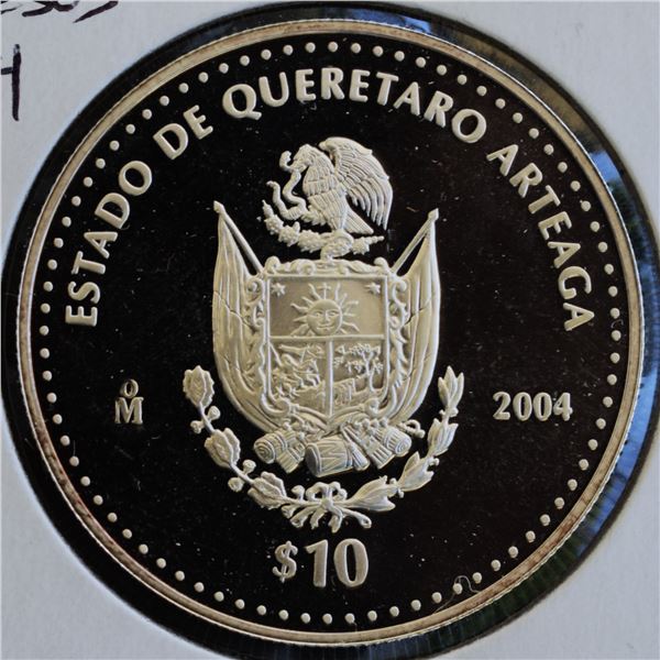 Mexico, 10 Pesos 2004 Commemorative 180th of Federation "Estado Queretaro de Arteaga" 1 Oz .9999 Pro