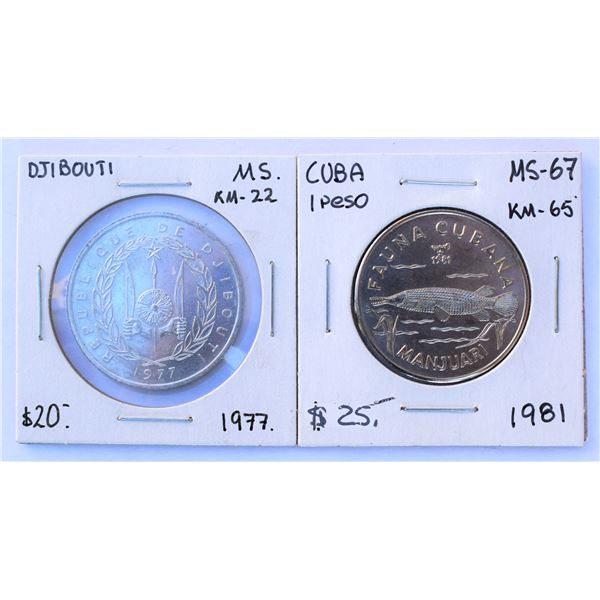 Mix 2 Coins lot Djibouti & Cuba, 5 Francs and 1 peso 1977-1981, Aluminum and CiNi both MS++ To be Co