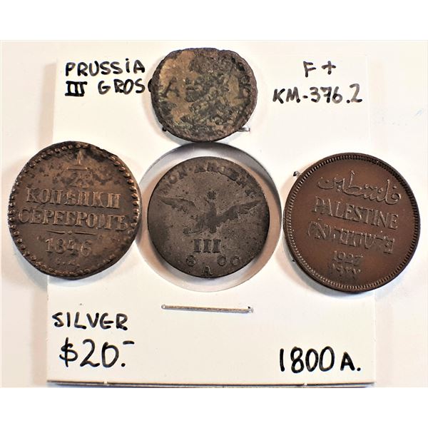 Mix Group of 4 Coins, Prussian State 3 groscher 1800A, Spain-Barcelona 1 Ardite 1615, Russia ½ Kopek