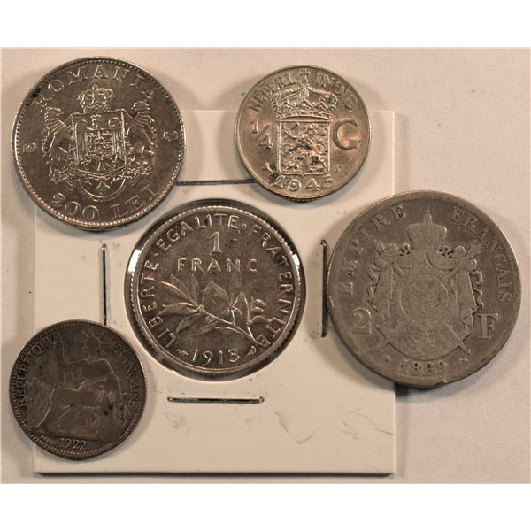 Mix Group of 5 Silver Coins, French Indochina 10c 1922, Netherlands India 1/4 G 1945S, Romania 200 L