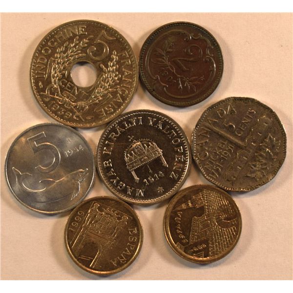 Mix Group of 7 World Coins w/ French Indochina, Spain, Hungary, Italy, Austria and Canada 1901 to 90