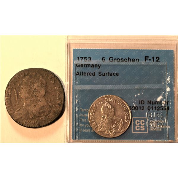 Mix lot France/Germany 2 Sols 1792-W Louis XIV Mint Lille, Weak/Double struck Reverse + 6 Groschen 1