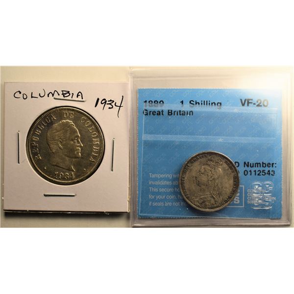 Mix lot of 2 Coins W/ Colombia 0.50c 1934 XF/AU and Great Britain 1 Schilling 1889 Certified VF-20 b