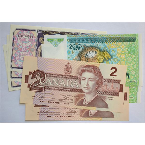 Mix Lot of 2 Trio of Banknotes, Uzbekistan 100 & 200 Sum 1994-97 all consecutive from Bundle + Canad